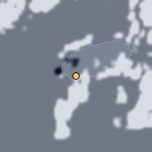서귀포 산방산 탄산온천 인근 주변 약 150km의 01:12 위성 구름 - 흰색이 구름, 가운데 노란 점이 관측지