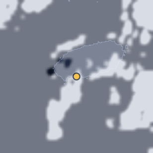 서귀포 중문색달해변 주변 약 150km의 01:08 위성 구름 - 흰색이 구름, 가운데 노란 점이 관측지
