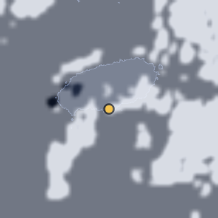 서귀포 새섬/새연교 밤하늘 주변 약 150km의 01:12 위성 구름 - 흰색이 구름, 가운데 노란 점이 관측지