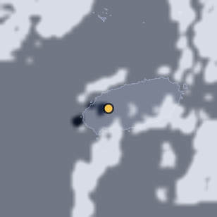 제주 새별오름 주변 약 150km의 01:12 위성 구름 - 흰색이 구름, 가운데 노란 점이 관측지