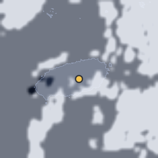 제주 한라산 성판악 주차장 주변 약 150km의 01:12 위성 구름 - 흰색이 구름, 가운데 노란 점이 관측지