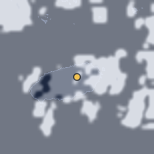 제주 교래자연휴양림 주변 약 150km의 01:58 위성 구름 - 흰색이 구름, 가운데 노란 점이 관측지