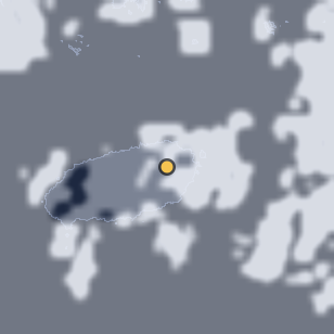 제주 아부오름 주변 약 150km의 01:58 위성 구름 - 흰색이 구름, 가운데 노란 점이 관측지