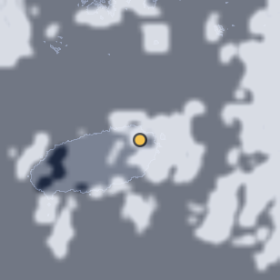 제주 비자림 야외 주차장 주변 약 150km의 01:58 위성 구름 - 흰색이 구름, 가운데 노란 점이 관측지