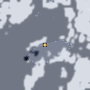 제주 이호테우해변 목마등대 주변 약 150km의 01:12 위성 구름 - 흰색이 구름, 가운데 노란 점이 관측지