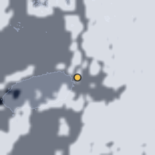 제주 우도 검멀레해변 주변 약 150km의 01:12 위성 구름 - 흰색이 구름, 가운데 노란 점이 관측지