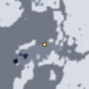 제주 함덕서우봉해변 주변 약 150km의 01:12 위성 구름 - 흰색이 구름, 가운데 노란 점이 관측지