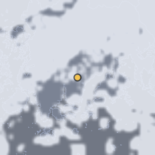 장흥 편백숲 우드랜드 주변 약 150km의 01:58 위성 구름 - 흰색이 구름, 가운데 노란 점이 관측지