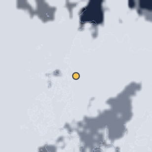 함평 돌머리해수욕장 주변 약 150km의 01:12 위성 구름 - 흰색이 구름, 가운데 노란 점이 관측지