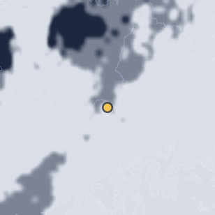 지리산 성삼재 휴게소 주변 약 150km의 01:12 위성 구름 - 흰색이 구름, 가운데 노란 점이 관측지