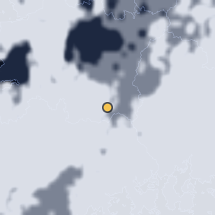 남원항공우주천문대 주변 약 150km의 01:12 위성 구름 - 흰색이 구름, 가운데 노란 점이 관측지