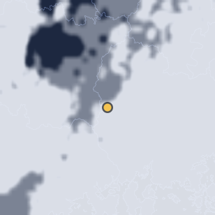 함양 지리산 조망공원 주변 약 150km의 01:12 위성 구름 - 흰색이 구름, 가운데 노란 점이 관측지
