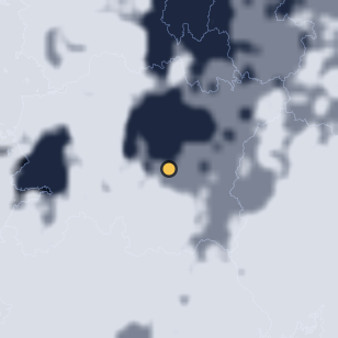 임실 사선대 관광지 주변 약 150km의 01:08 위성 구름 - 흰색이 구름, 가운데 노란 점이 관측지