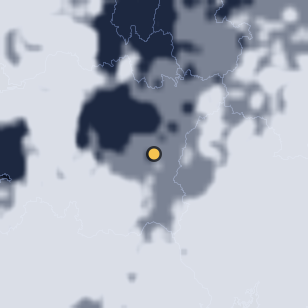 장수 와룡자연휴양림 주변 약 150km의 01:08 위성 구름 - 흰색이 구름, 가운데 노란 점이 관측지