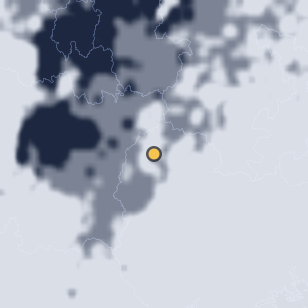 거창 수승대 주변 약 150km의 01:12 위성 구름 - 흰색이 구름, 가운데 노란 점이 관측지
