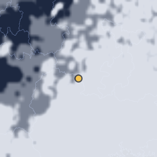 성주 가야산 야생화식물원 밤하늘 주변 약 150km의 01:12 위성 구름 - 흰색이 구름, 가운데 노란 점이 관측지
