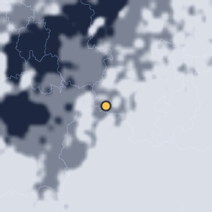 김천 수도산자연휴양림 주변 약 150km의 01:12 위성 구름 - 흰색이 구름, 가운데 노란 점이 관측지
