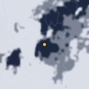 완주 소양고택 밤하늘 주변 약 150km의 01:08 위성 구름 - 흰색이 구름, 가운데 노란 점이 관측지