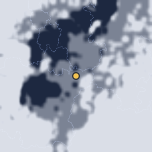덕유산국립공원 적상전망대 주변 약 150km의 01:12 위성 구름 - 흰색이 구름, 가운데 노란 점이 관측지