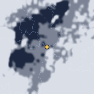반디별 천문과학관 주변 약 150km의 01:08 위성 구름 - 흰색이 구름, 가운데 노란 점이 관측지