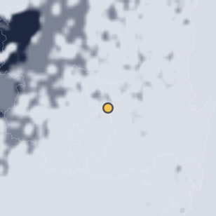 영천 치산계곡 캠핑장 주변 약 150km의 01:12 위성 구름 - 흰색이 구름, 가운데 노란 점이 관측지
