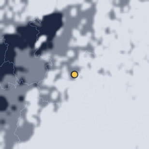 구미 금오산성 주변 약 150km의 01:12 위성 구름 - 흰색이 구름, 가운데 노란 점이 관측지