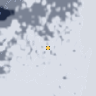 군위 화산산성 전망대 주변 약 150km의 00:28 위성 구름 - 흰색이 구름, 가운데 노란 점이 관측지