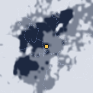 영동 송호관광지 주변 약 150km의 01:08 위성 구름 - 흰색이 구름, 가운데 노란 점이 관측지