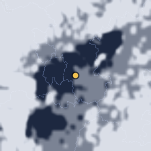 옥천 친수공원(유채꽃밭) 주변 약 150km의 01:08 위성 구름 - 흰색이 구름, 가운데 노란 점이 관측지