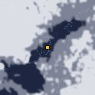 식장산 문화공원(해돋이전망대) 주변 약 150km의 00:28 위성 구름 - 흰색이 구름, 가운데 노란 점이 관측지