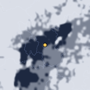 옥천 둔주봉 한반도지형 주변 약 150km의 01:08 위성 구름 - 흰색이 구름, 가운데 노란 점이 관측지