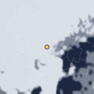 청양 칠갑산천문대 주변 약 150km의 01:08 위성 구름 - 흰색이 구름, 가운데 노란 점이 관측지