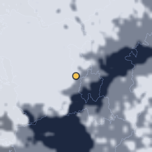세종어린이천문대(세종미리내천문대) 주변 약 150km의 00:28 위성 구름 - 흰색이 구름, 가운데 노란 점이 관측지