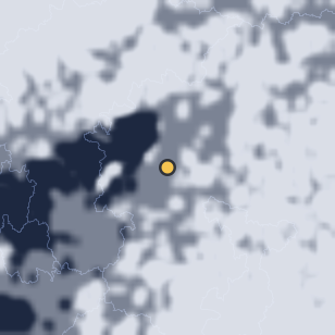 상주 경천대 공원 주변 약 150km의 01:12 위성 구름 - 흰색이 구름, 가운데 노란 점이 관측지