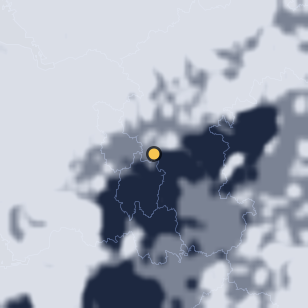 대청댐 전망대 주변 약 150km의 01:08 위성 구름 - 흰색이 구름, 가운데 노란 점이 관측지