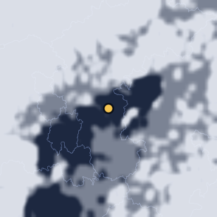 보은 삼년산성 주변 약 150km의 01:08 위성 구름 - 흰색이 구름, 가운데 노란 점이 관측지