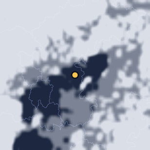 말티재 전망대(말티고개) 주변 약 150km의 01:08 위성 구름 - 흰색이 구름, 가운데 노란 점이 관측지