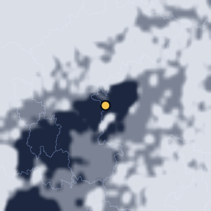 상주 장각폭포 주변 약 150km의 01:12 위성 구름 - 흰색이 구름, 가운데 노란 점이 관측지