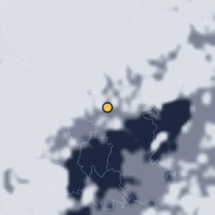 수암골전망대 주변 약 150km의 01:08 위성 구름 - 흰색이 구름, 가운데 노란 점이 관측지