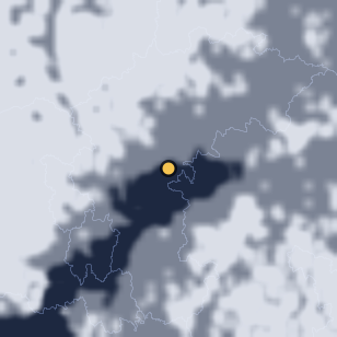 괴산 화양구곡 주변 약 150km의 00:28 위성 구름 - 흰색이 구름, 가운데 노란 점이 관측지