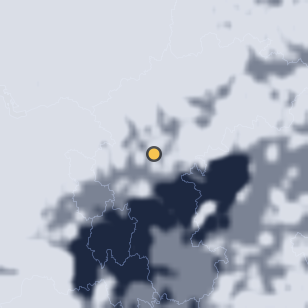 좌구산천문대 주변 약 150km의 01:08 위성 구름 - 흰색이 구름, 가운데 노란 점이 관측지