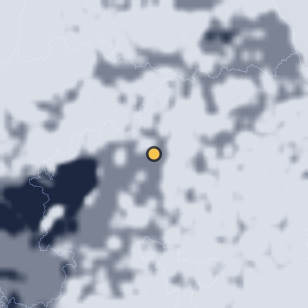 예천 천문우주센터 주변 약 150km의 01:12 위성 구름 - 흰색이 구름, 가운데 노란 점이 관측지