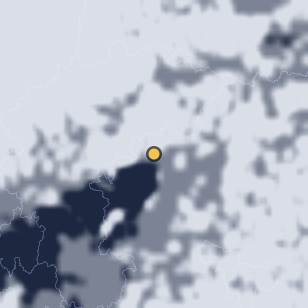 문경 단산 모노레일 상부 활공장 주변 약 150km의 01:12 위성 구름 - 흰색이 구름, 가운데 노란 점이 관측지