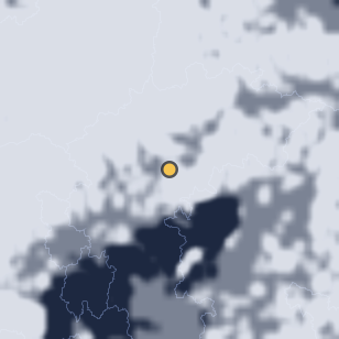괴산 괴강국민여가캠핑장 주변 약 150km의 01:08 위성 구름 - 흰색이 구름, 가운데 노란 점이 관측지