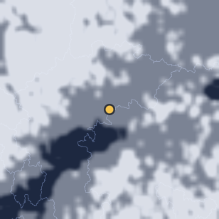 문경새재 제3관문 인근 주변 약 150km의 00:28 위성 구름 - 흰색이 구름, 가운데 노란 점이 관측지