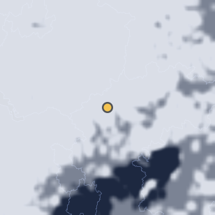 음성 백야자연휴양림 주변 약 150km의 01:08 위성 구름 - 흰색이 구름, 가운데 노란 점이 관측지