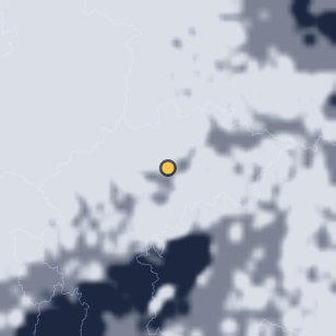 충주호 종댕이길 주변 약 150km의 01:08 위성 구름 - 흰색이 구름, 가운데 노란 점이 관측지