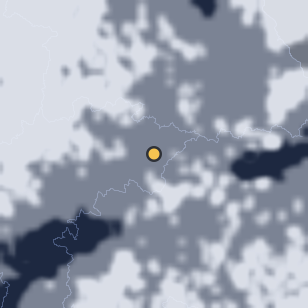 단양 카페산 주변 약 150km의 00:28 위성 구름 - 흰색이 구름, 가운데 노란 점이 관측지
