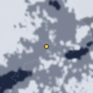 단양 온달동굴 관광지 주변 약 150km의 00:28 위성 구름 - 흰색이 구름, 가운데 노란 점이 관측지