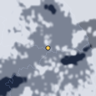 영월 히어리캠핑장 주변 약 150km의 00:28 위성 구름 - 흰색이 구름, 가운데 노란 점이 관측지